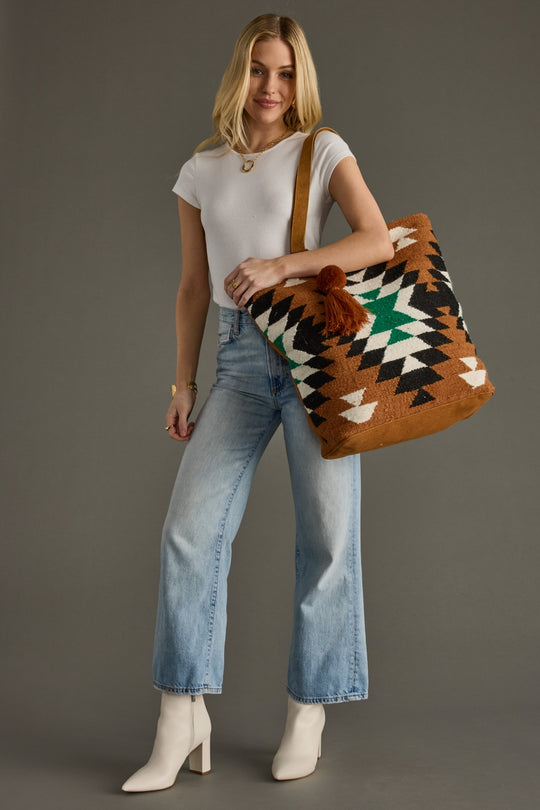 brown, black, green and white western-inspired tote, western tote, travel tote, women's tote bag