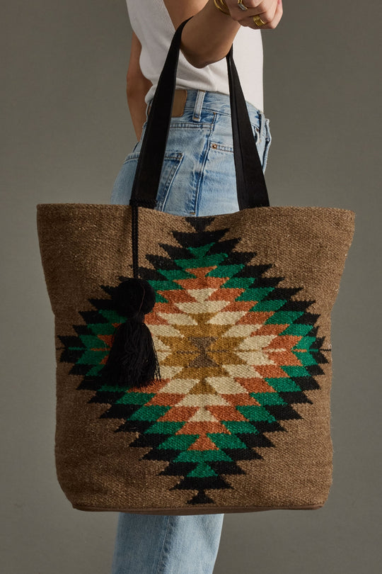 brown and multicolored western-inspired tote bag, western tote, aztec-inspired tote bag, women's tote, fall tote bag