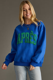 blue and green apres sweatshirt, apres sweatshirt, blue sweatshirt, oversized sweatshirt, colorful sweatshirt, women's sweatshirt, ski trip