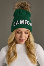 green and white game day pom hat, green pom hat, game day hat, winter hat, women's pom hat