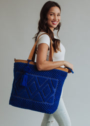 royal blue tote bag, tote bag, women's tote, travel bag, diamond pattern