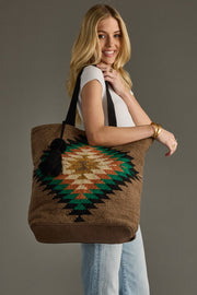 brown and multicolored western-inspired tote bag, western tote, aztec-inspired tote bag, women's tote, fall tote bag