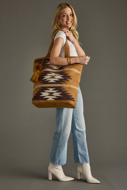 tan, brown and cream western tote, neutral tote bag, western inspired tote, aztec inspired tote, women's tote bag