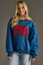 blue apres sweatshirt, dark blue sweatshirt, apres sweatshirt, oversized sweatshirt, women's sweatshirt, ski trip