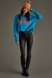 blue and orange ski sweater, bright blue sweater, ski sweater, colorful sweater, women's sweater