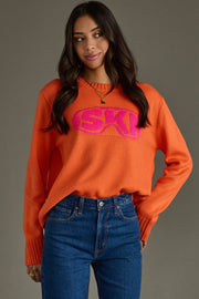 orange and bright pink ski goggles sweater, ski goggles sweater, ski sweater, colorful sweater, orange sweater, women's sweater, ski trip