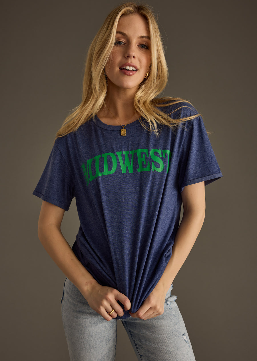 blue with green writing midwest graphic tee