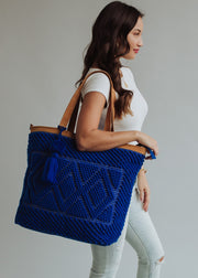royal blue tote bag, tote bag, women's tote, travel bag, diamond pattern