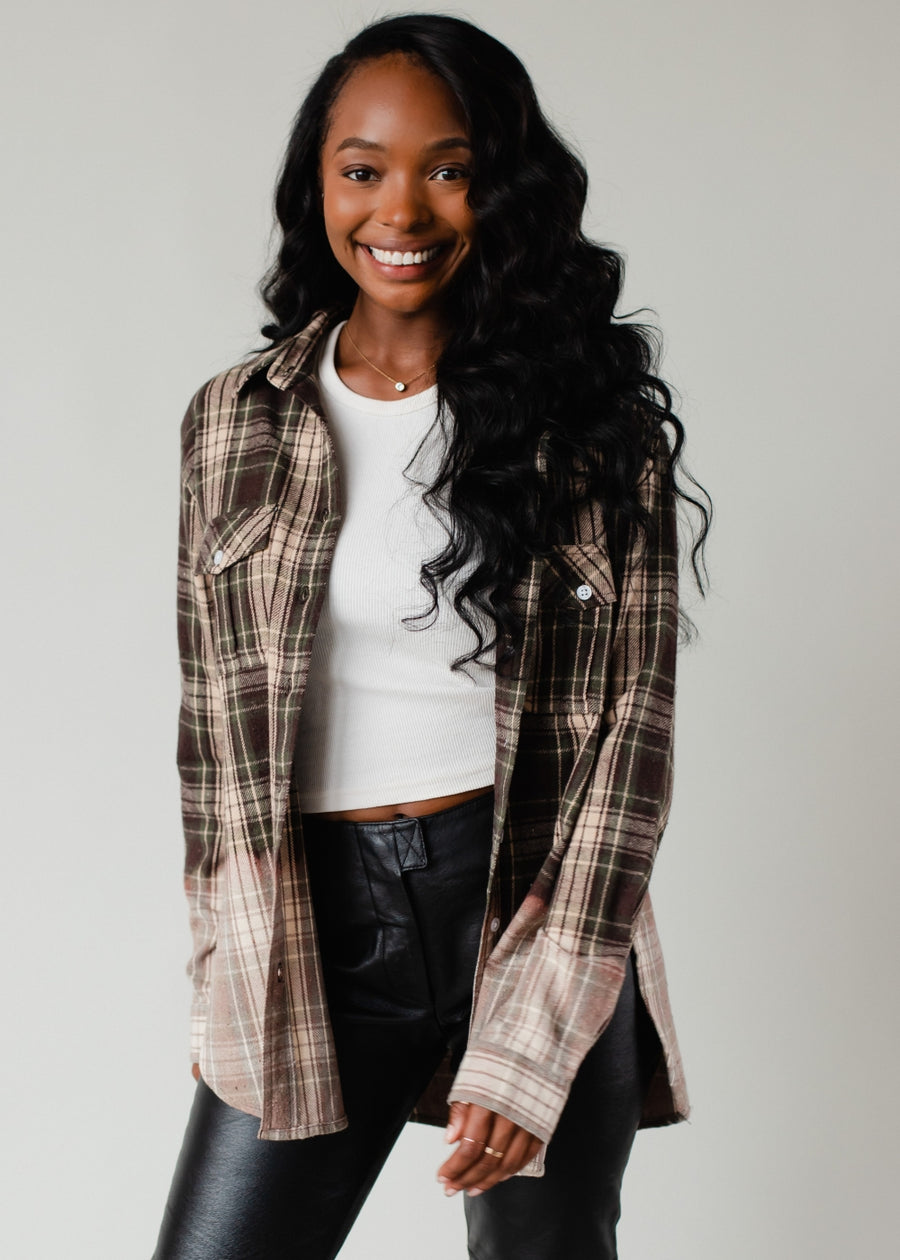 green, tan and black plaid flannel