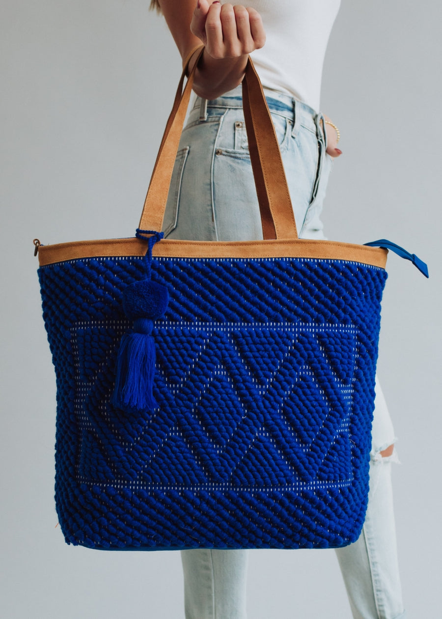 royal blue tote bag, tote bag, women's tote, travel bag, diamond pattern