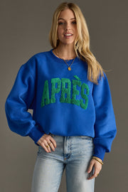 blue and green apres sweatshirt, apres sweatshirt, blue sweatshirt, oversized sweatshirt, colorful sweatshirt, women's sweatshirt, ski trip