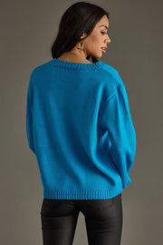 blue and orange ski sweater, bright blue sweater, ski sweater, colorful sweater, women's sweater