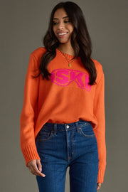 orange and bright pink ski goggles sweater, ski goggles sweater, ski sweater, colorful sweater, orange sweater, women's sweater, ski trip