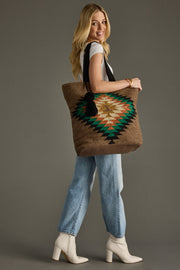 brown and multicolored western-inspired tote bag, western tote, aztec-inspired tote bag, women's tote, fall tote bag