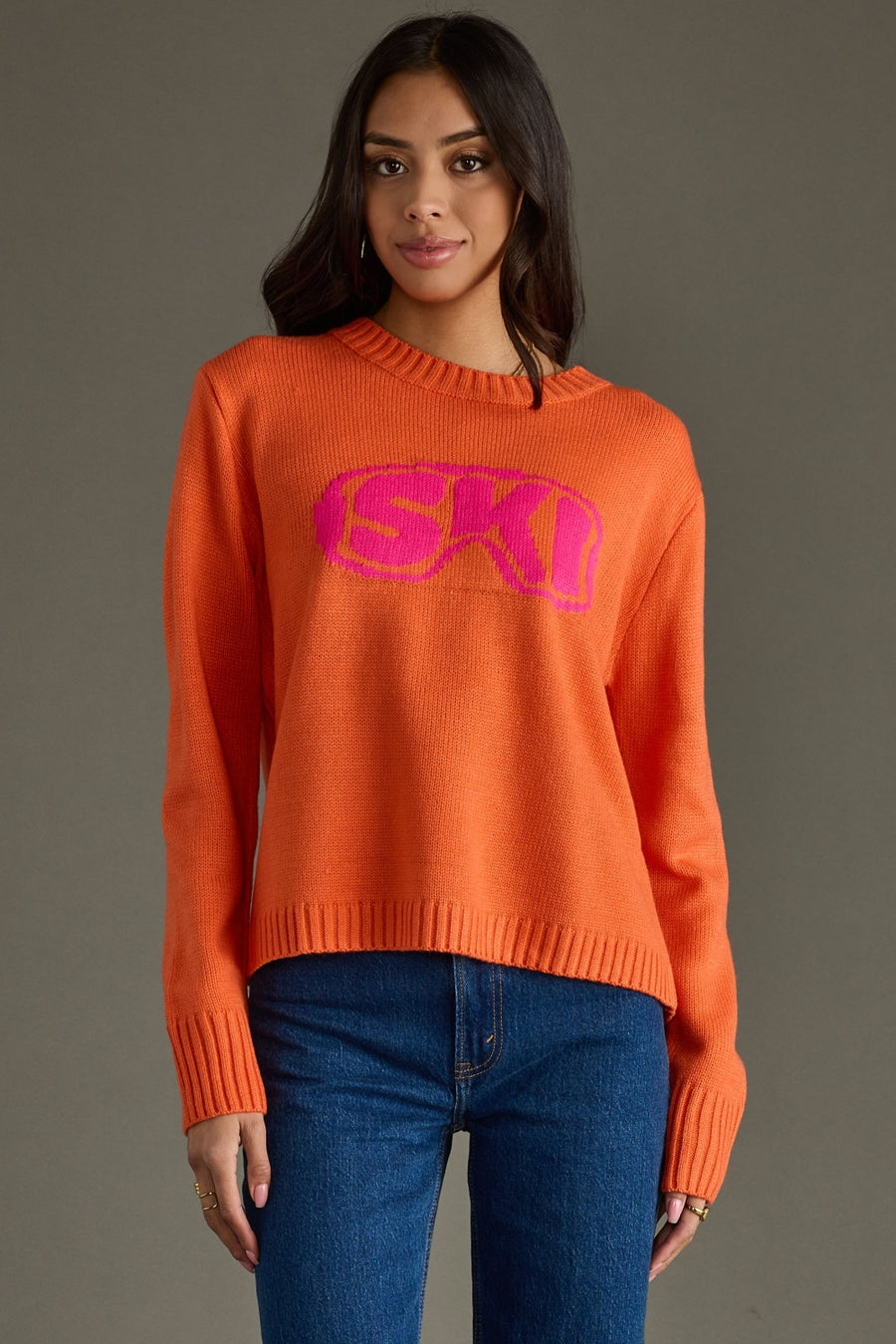 orange and bright pink ski goggles sweater, ski goggles sweater, ski sweater, colorful sweater, orange sweater, women's sweater, ski trip