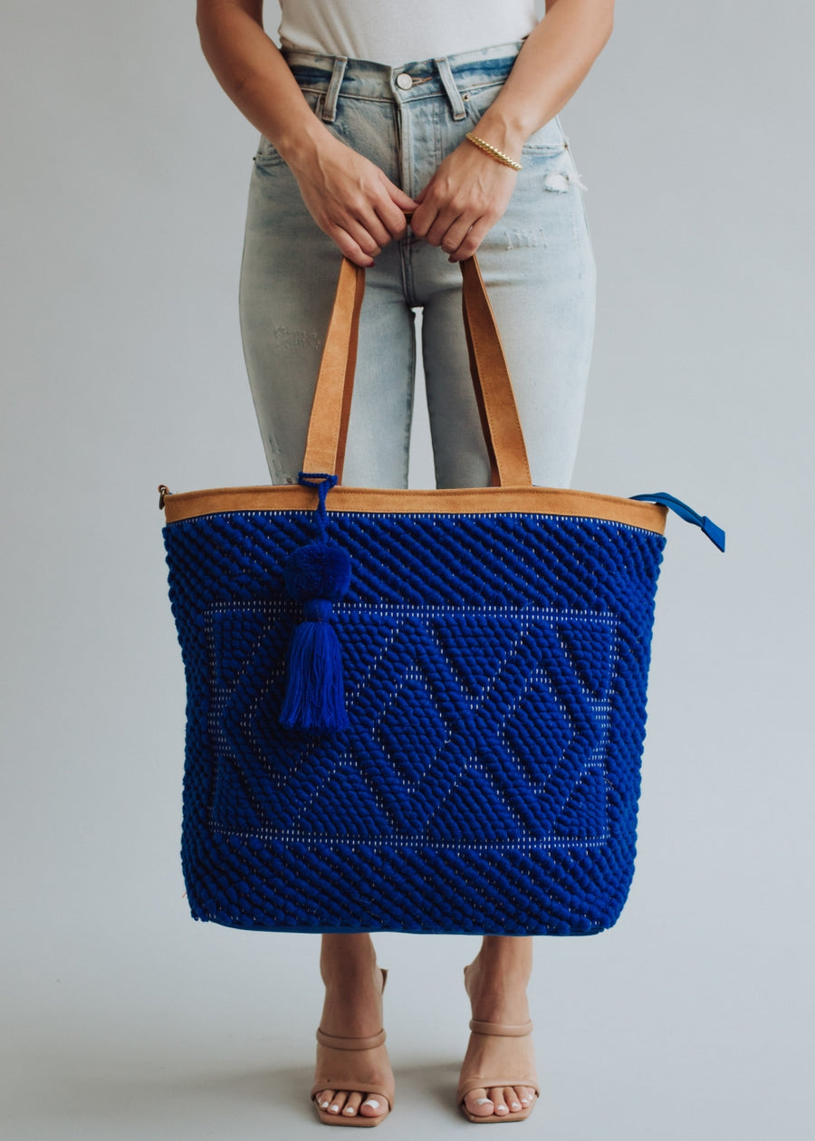 royal blue tote bag, tote bag, women's tote, travel bag, diamond pattern