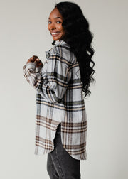 gray, tan, black and olive plaid flannel