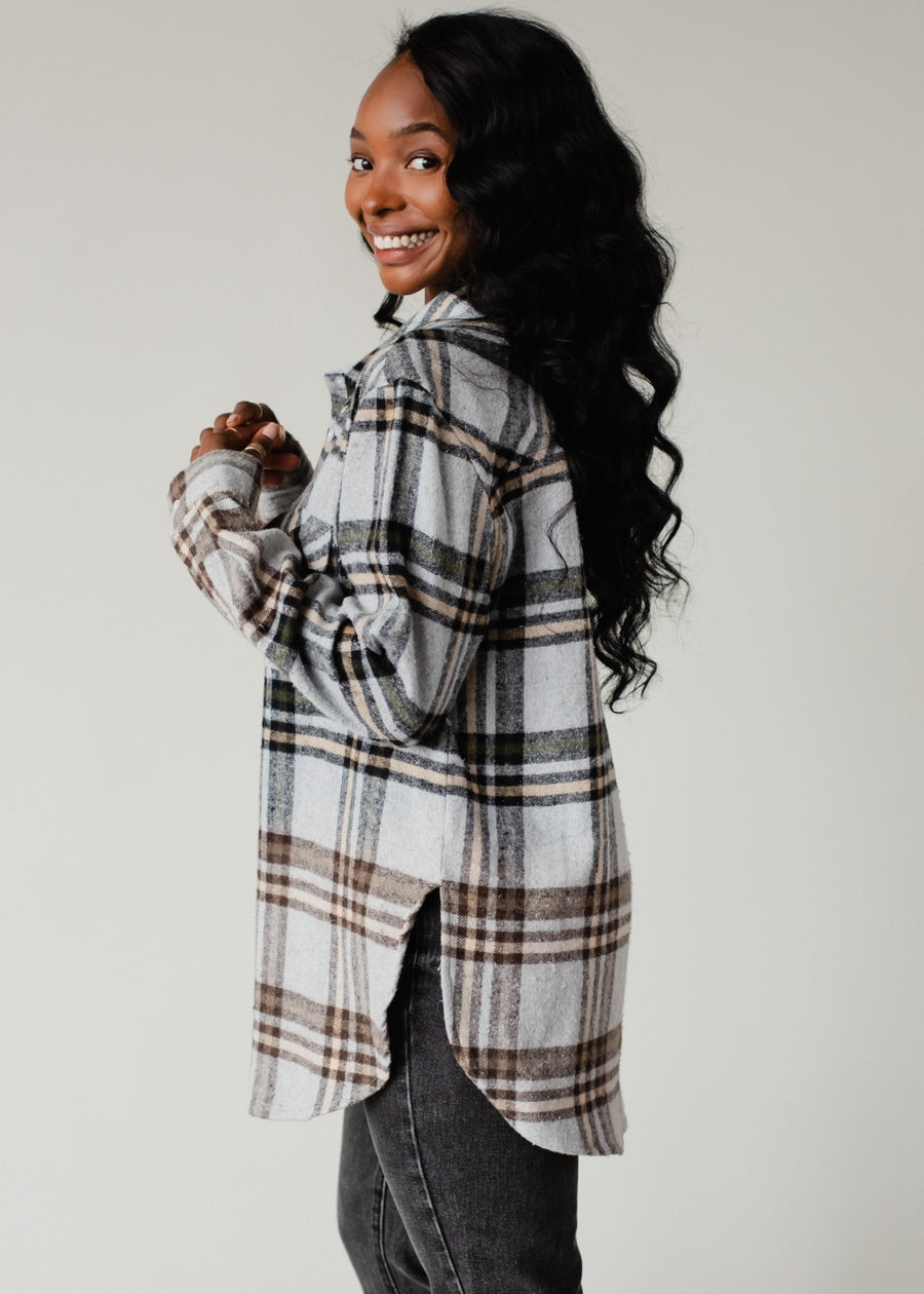 gray, tan, black and olive plaid flannel