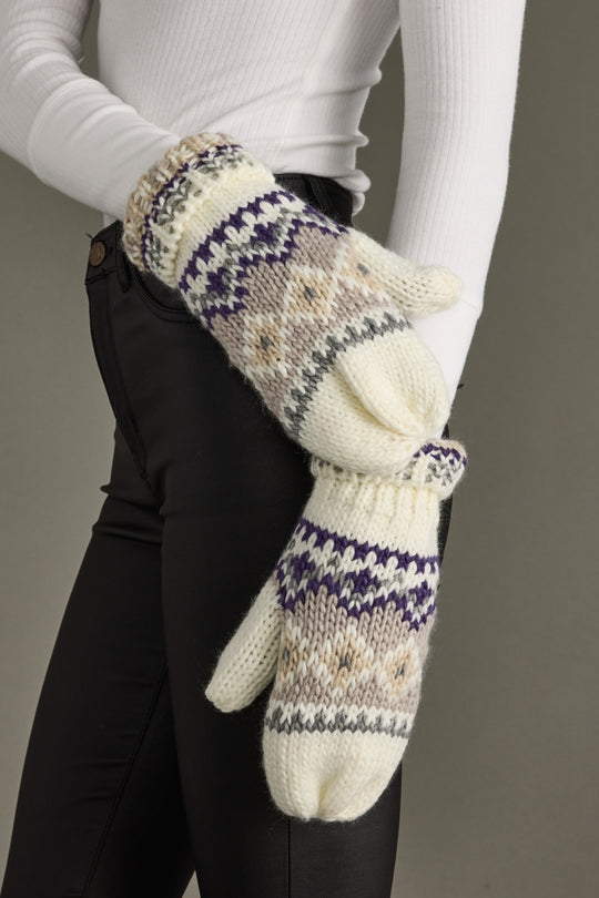 Pair of knit mittens with a pattern worn by a person against a neutral background