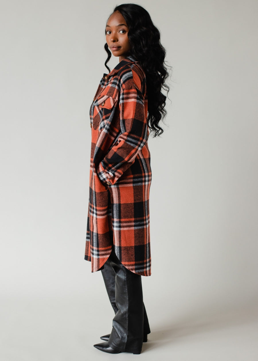 rust, black and cream plaid long flannel