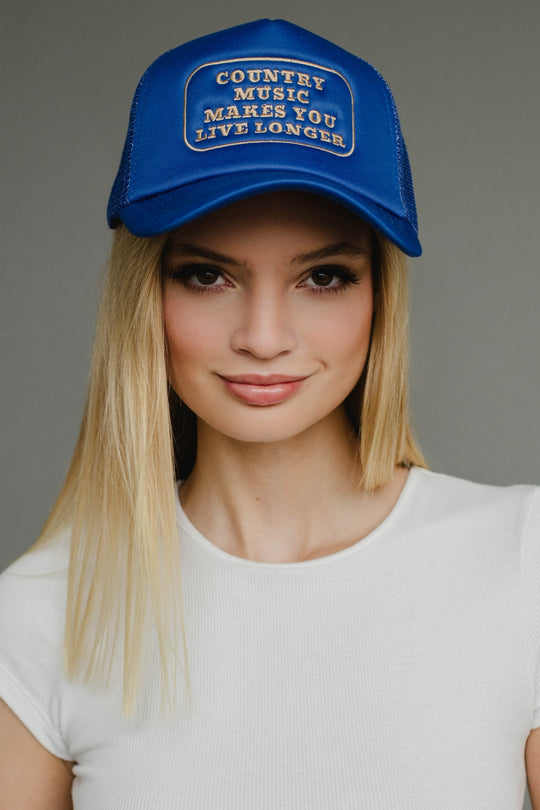 blue country music trucker hat, country music makes you live longer, blue trucker hat, country concert, women's trucker hat