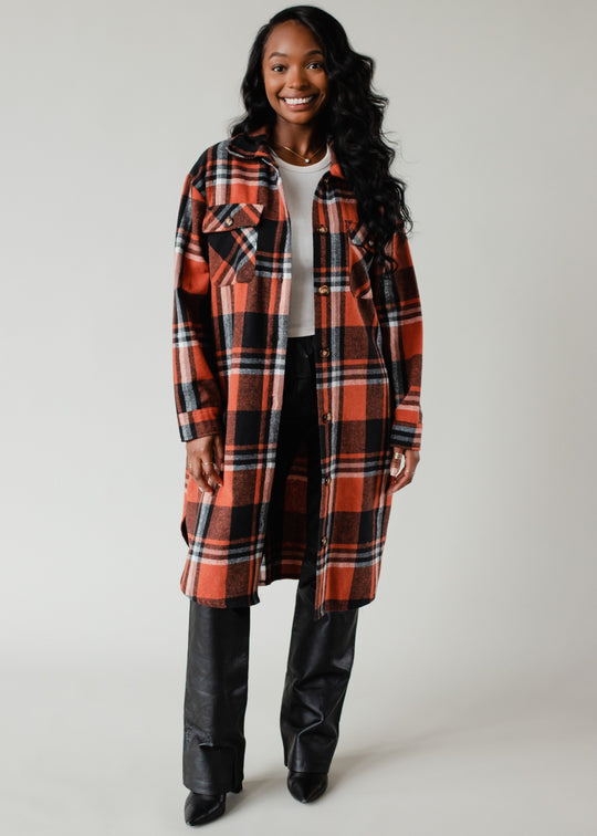 rust, black and cream plaid long flannel