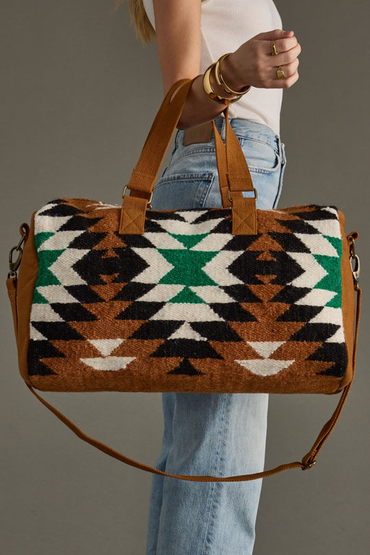 brown, black, green and white western-inspired duffel bag, western duffel, weekender, travel bag, women's duffel