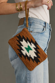 brown, black, green and white Western-inspired wristlet, western clutch, aztec-inspired wristlet, women's wristlet
