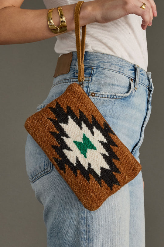 brown, black, green and white Western-inspired wristlet, western clutch, aztec-inspired wristlet, women's wristlet