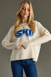 cream and blue ski goggles sweater, cream sweater, ski goggles sweater, ski sweater, women's sweater, ski trip