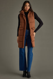 brown long puffer vest, long vest, neutral vest, women's vest, fall vest