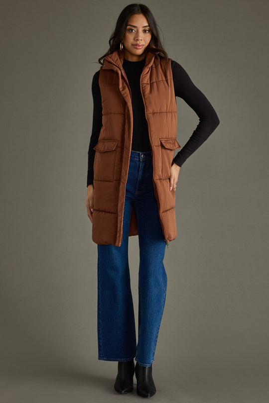 brown long puffer vest, long vest, neutral vest, women's vest, fall vest