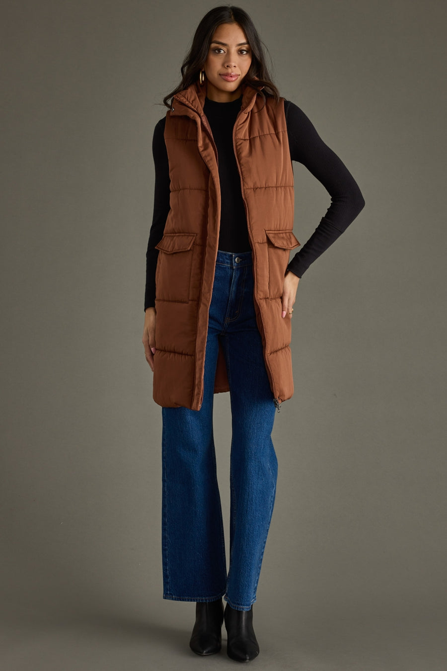 brown long puffer vest, long vest, neutral vest, women's vest, fall vest
