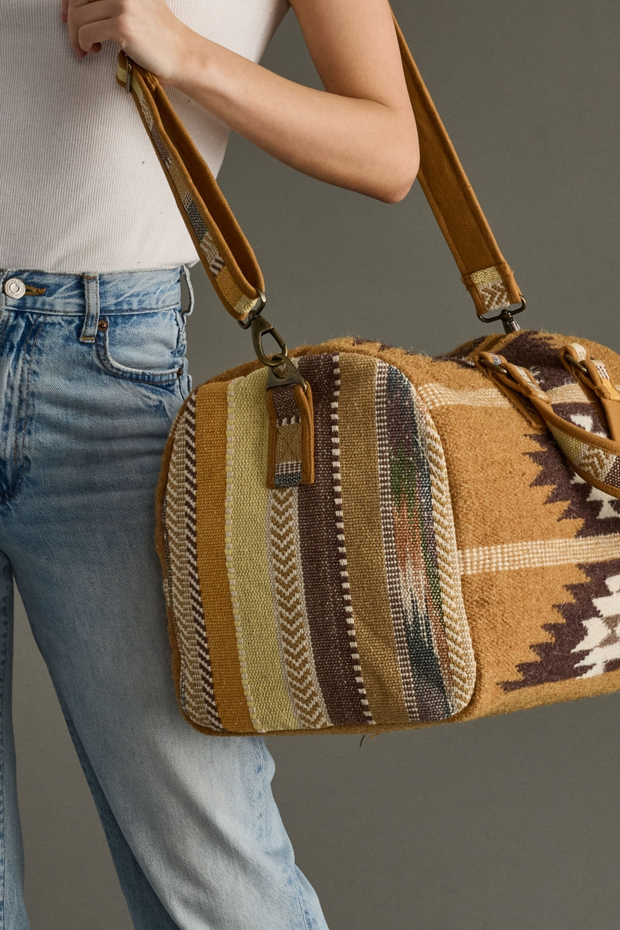 tan, brown and cream western duffel, neutral duffel bag, western inspired duffel bag, aztec inspired duffel bag, women's duffel bag, weekender