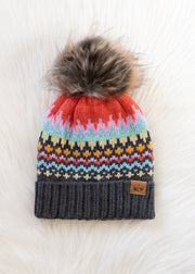 Colorful knit beanie with a fur pom-pom on a white background