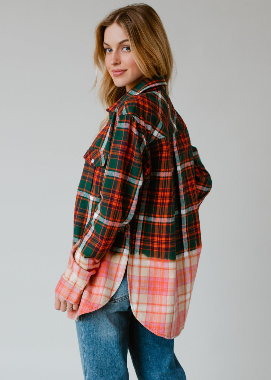 green, navy, orange and white plaid flannel