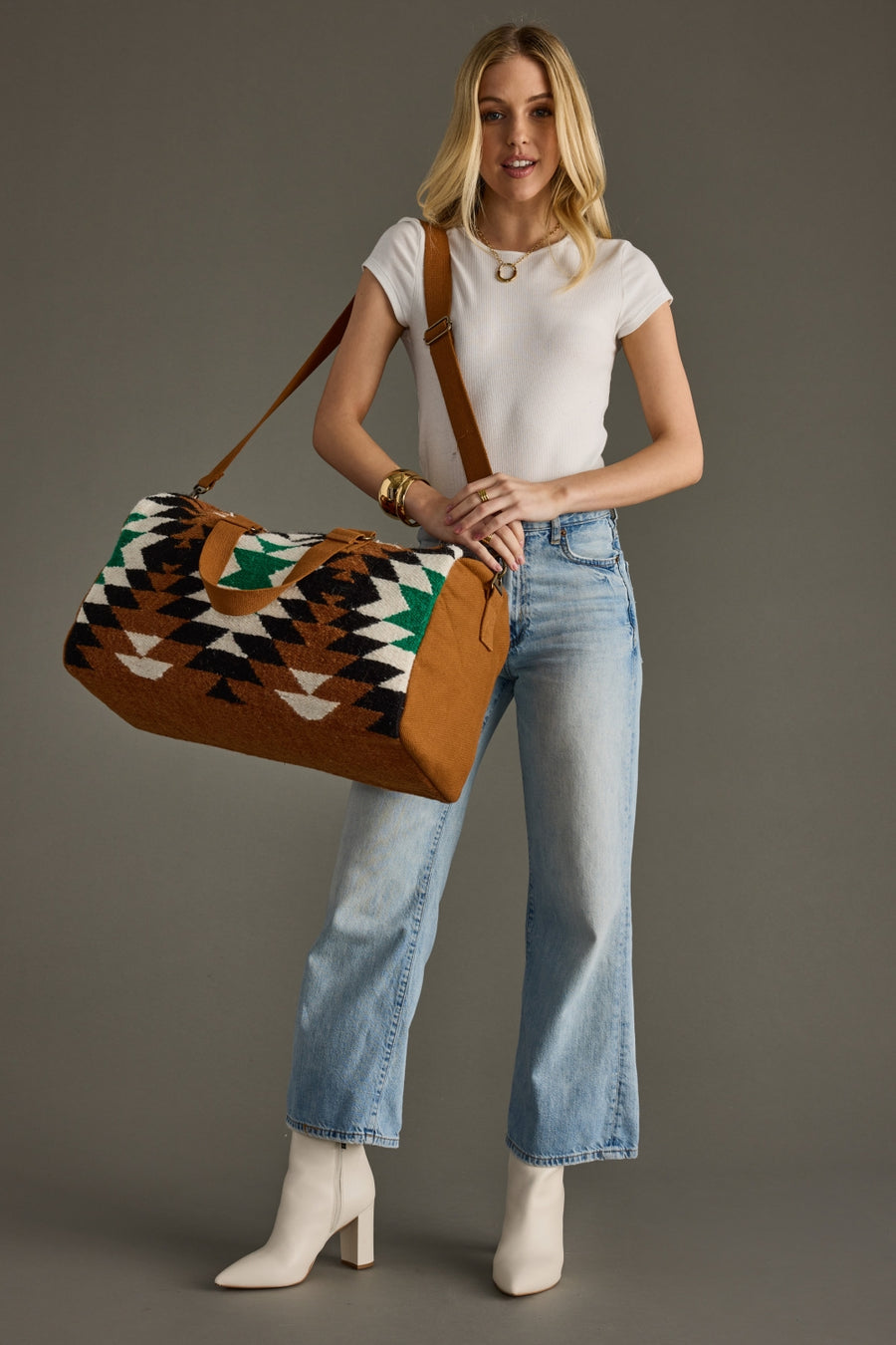 brown, black, green and white western-inspired duffel bag, western duffel, weekender, travel bag, women's duffel