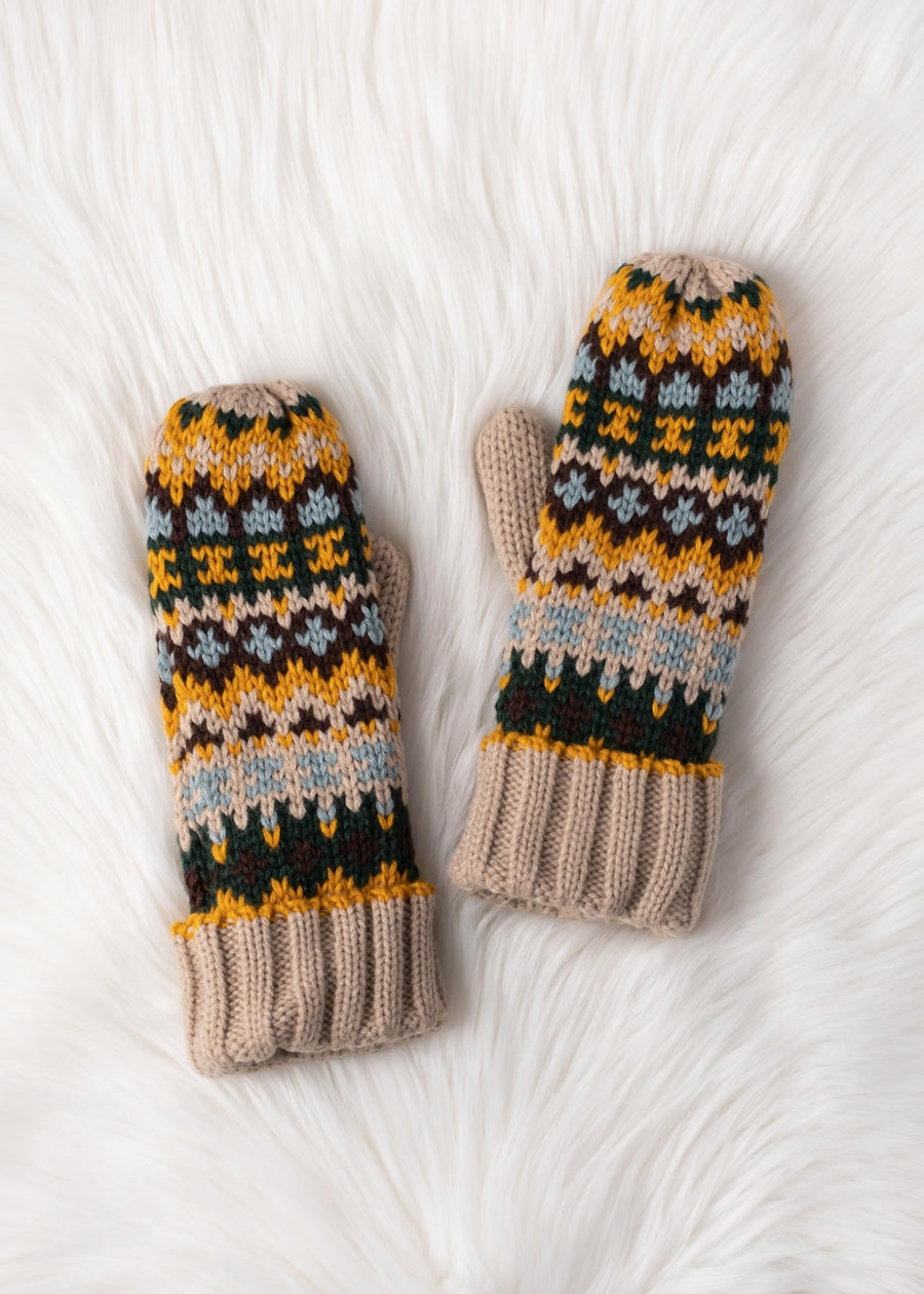 Pair of knitted mittens with a pattern on a textured white background