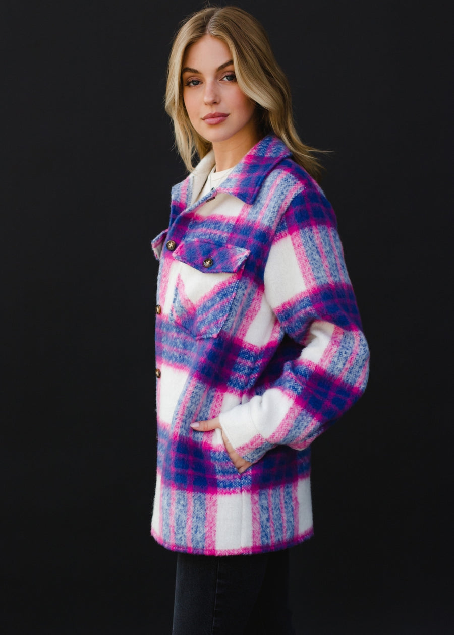 blue, pink and white plaid jacket, colorful jacket