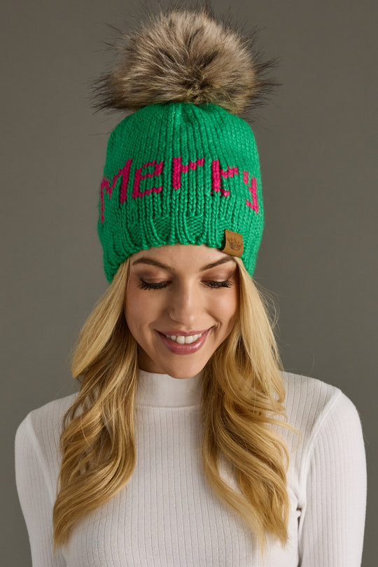 green and pink merry pom hat