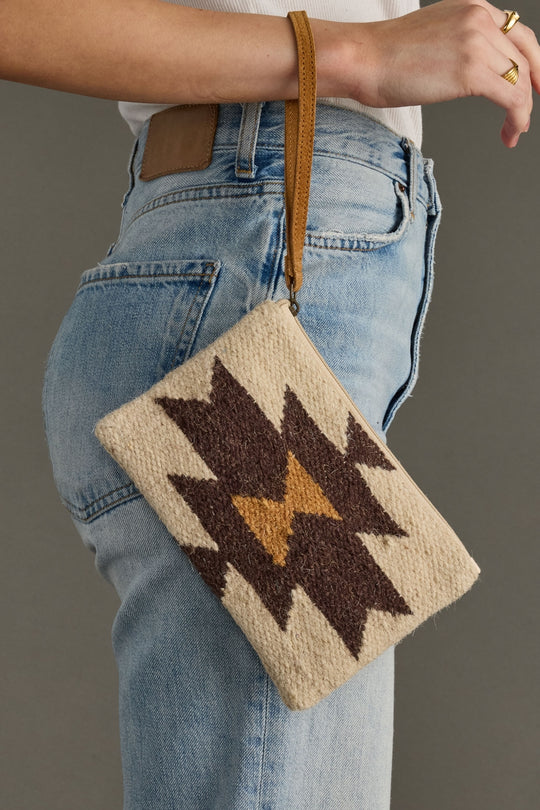 cream, brown and tan western wristlet, western wristlet, aztec-inspired wristlet, neutral wristlet, fall wristlet