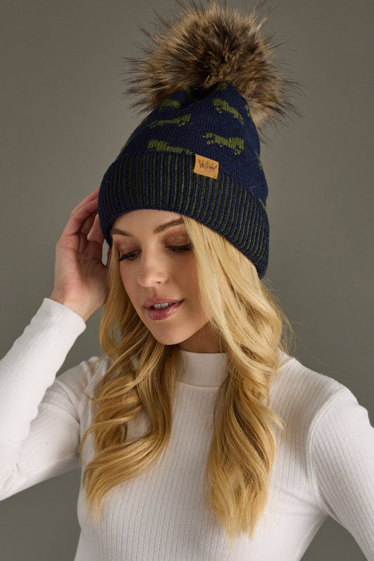 navy and green horse pattern pom hat, navy pom hat, women's pom hat, horse pattern, faux fur pom accent