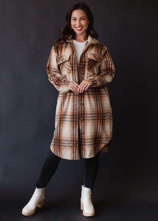 brown, tan and rust plaid long flannel, neutral flannel, fall shacket
