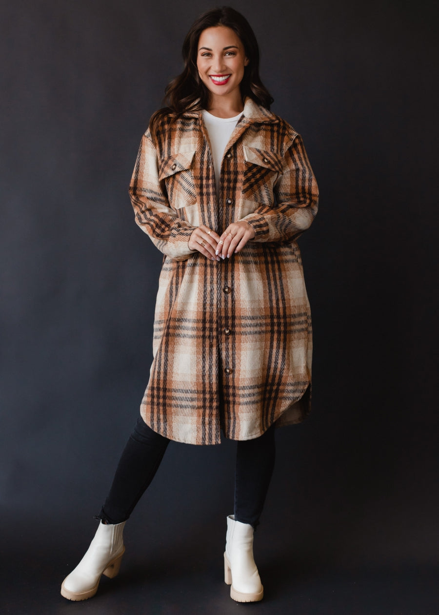 brown, tan and rust plaid long flannel, neutral flannel, fall shacket