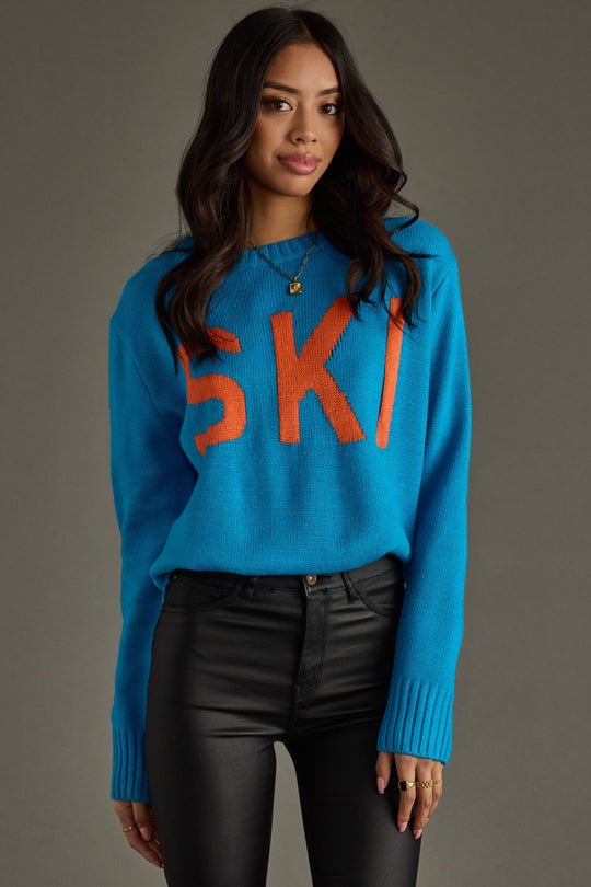 blue and orange ski sweater, bright blue sweater, ski sweater, colorful sweater, women's sweater