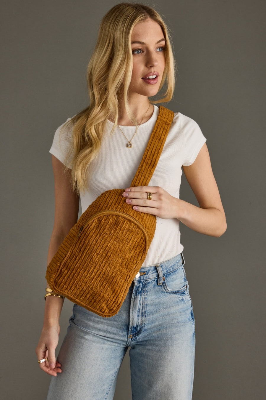 mustard corduroy sling bag