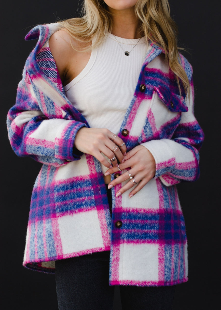 blue, pink and white plaid jacket, colorful jacket