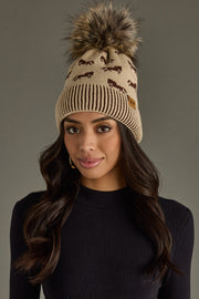 tan and black horse pattern pom hat, winter hat, neutral pom hat, horse pattern, women's pom hat