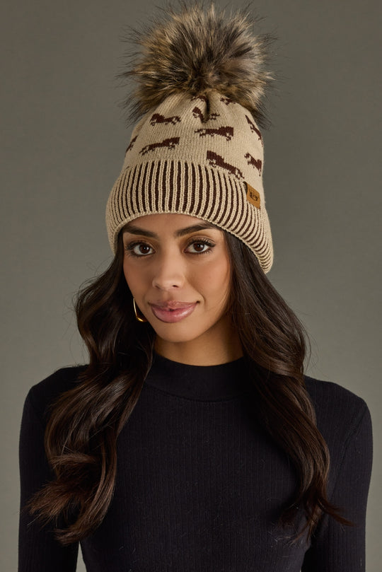 tan and black horse pattern pom hat, winter hat, neutral pom hat, horse pattern, women's pom hat