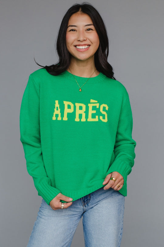 green and yellow apres sweater, apres sweater, green sweater, ski sweater, women's sweater